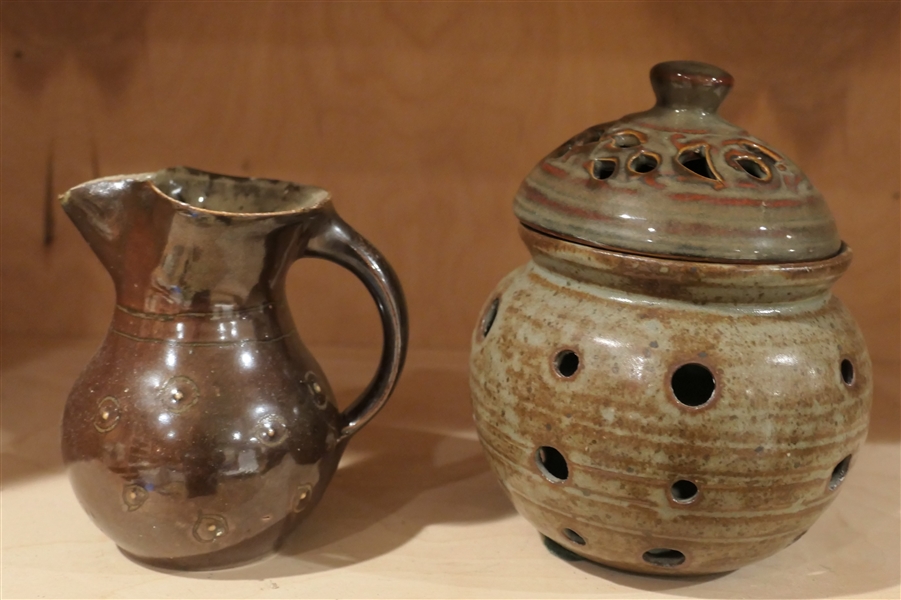 Chris Luther Studio Art Pottery Potpourri Jar with Lid and Mark Hewitt Pitcher with "J" Mark - Pitcher Measures 4 1/4" tall 