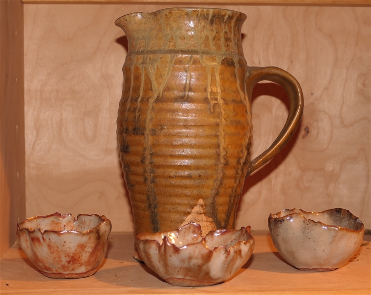 Studio Art Pottery Pitcher and 3 Abstract Form Bowls - Pitcher Measures 9" tall Bowls Measure 3" across