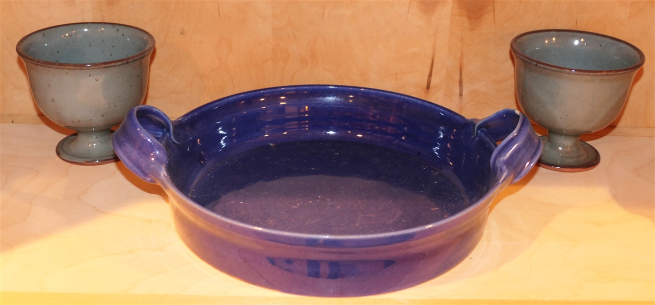 2 - Jugtown "VO" Footed Bowls and Blue King Pottery Double Handled Dish  - Footed Bowls Measure 4 1/4" tall 4" Across - Blue Dish is Cracked