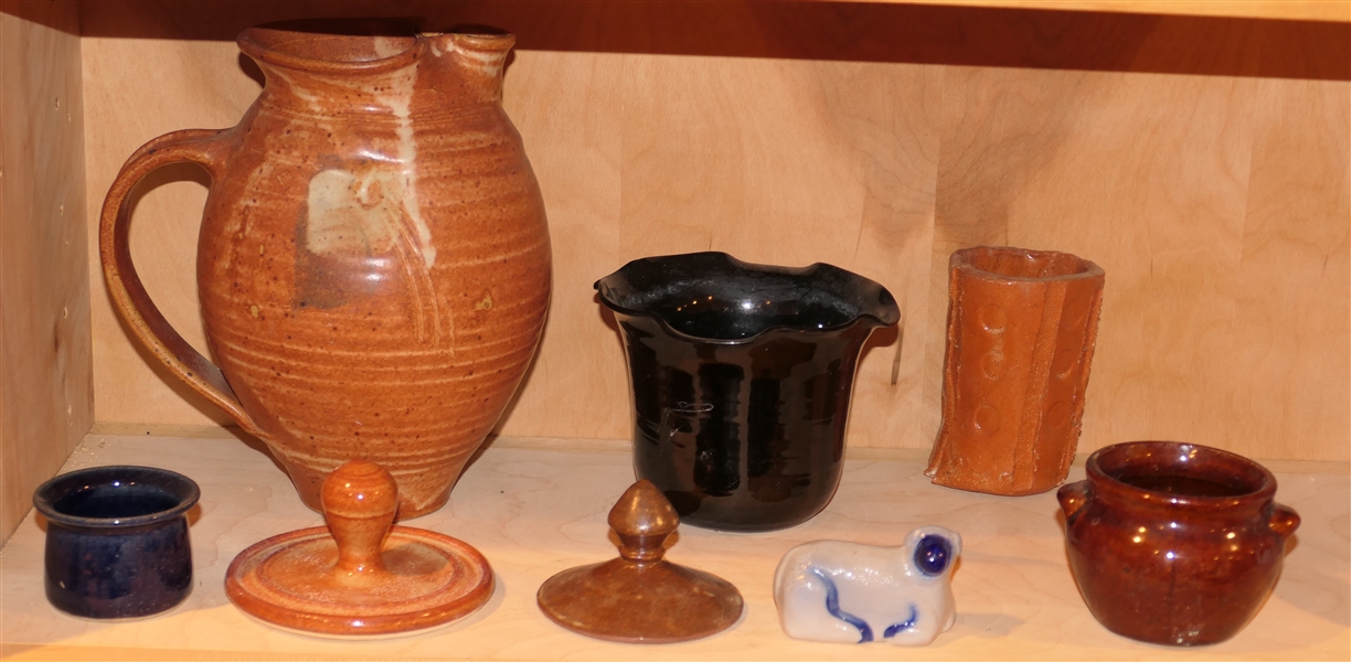 8 Pottery Pieces including Eldreth Sheep, E. Pugh Blue Bowl, Large Signed Pitcher, Lids, - Pitcher Measures 9" Tall