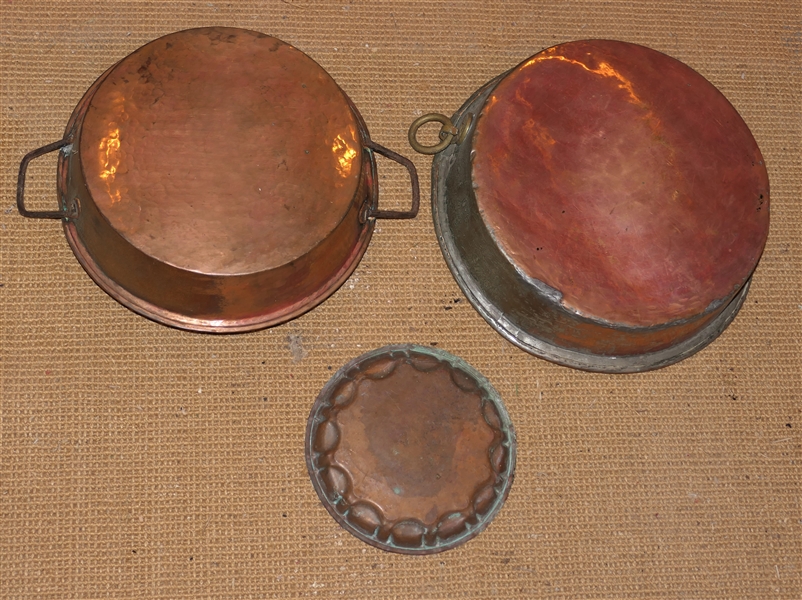 2 Copper Pans and Copper Plate - Largest Pan with Brass Handles Measures 12 1/2" Across, Hand Decorated Plate Measures 7 1/2"