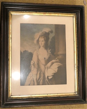 Hand Colored Print of Victorian Woman in Walnut Shadow Box Frame - Frame Measures 27 1/2 by 23 