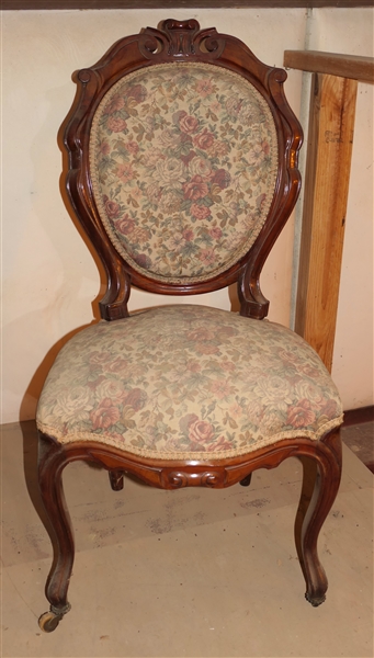 Pretty Walnut Carved Parlor Chair - Floral Upholstery - Carved Back and Legs - Chair Measures 38" Tall 