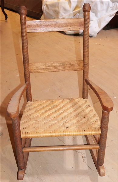 Hand Turned Childs Rocker - Turned Finials and Back Posts and Legs - Finely Woven Oak Splint Seat - Chair Measures 24" Tall 