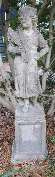 English Concrete Garden Statue - Lady with Bundle of Wheat - On Concrete Pedestal - Brought From England - Statue Measures 44" Tall - Pedestal Measures 15"