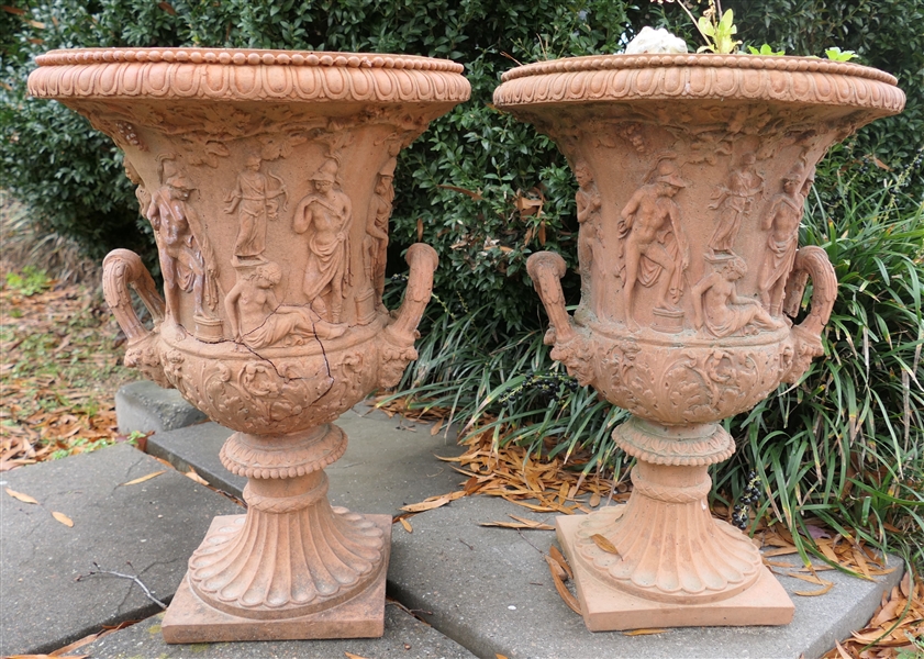 Pair of Terracotta Resin Urn Style Planters - Double Handles with Classical Roman Figures Around Body - Each Measures 20" Tall 15" Across - 1 Has Some Cracks