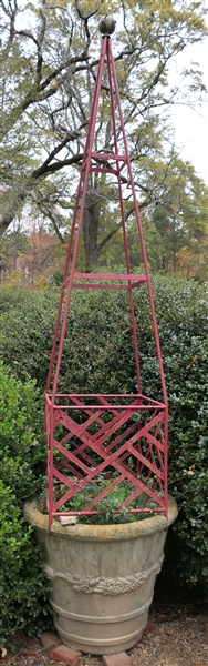 Large Concrete Planter with Red Metal Trellis - Planter Measures 22" Tall 25" Across - Trellis is 82" Tall