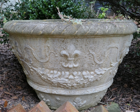 Beautiful Large Concrete Planter with Lion's Heads, Fleur De Lis, and Laurel Wreath Decoration - Planter Measures 17 Tall 27 Across