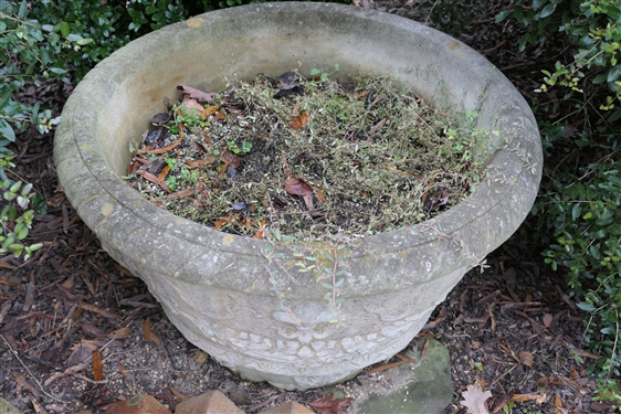 Beautiful Large Concrete Planter with Lion's Heads, Fleur De Lis, and Laurel Wreath Decoration - Planter Measures 17 Tall 27 Across