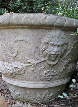 Beautiful Large Concrete Planter with Lion's Heads, Fleur De Lis, and Laurel Wreath Decoration - Planter Measures 17 Tall 27 Across