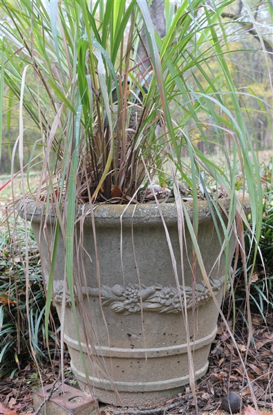 Large Concrete Planter with Fruit and Flower Wreath Details - Planter Measures 22" Tall 25" across - Crack in Mold on One Side