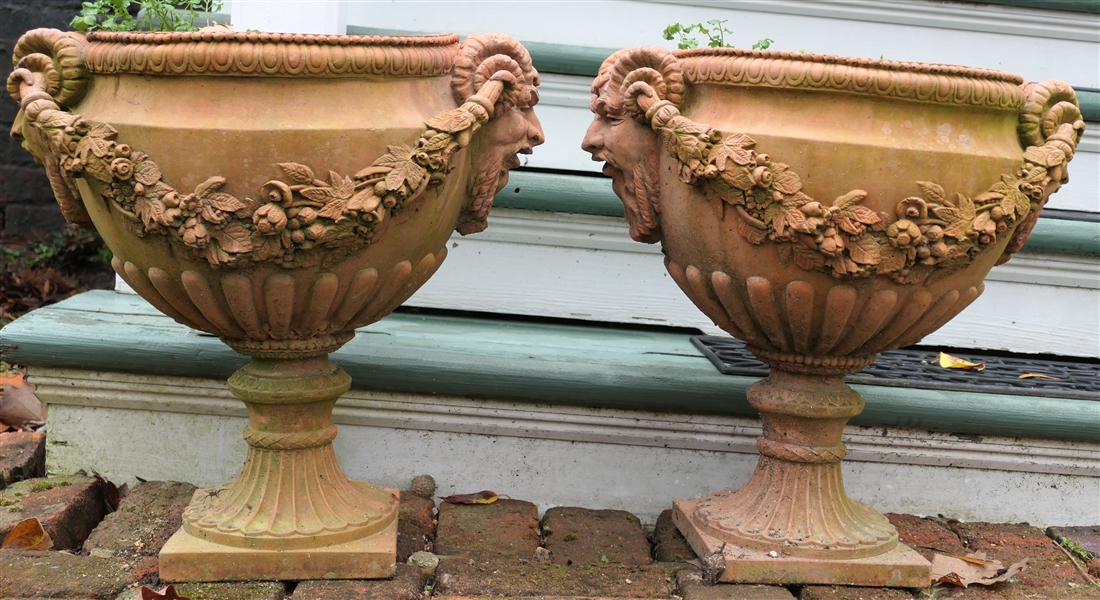 Pair of Beautiful Terracotta Resin Urn Style Planters with Rams Heads on Ends - Wreath Details - Planter Measures 19"  tall 18" Across