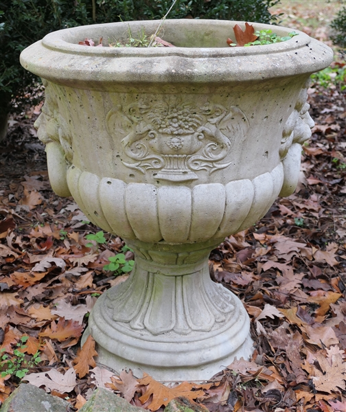 Beautiful Concrete Garden Urn with Lions Heads - Urn Measures 26" Tall 22" Across