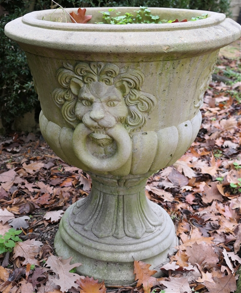 Beautiful Concrete Garden Urn with Lions Heads - Urn Measures 26" Tall 22" Across