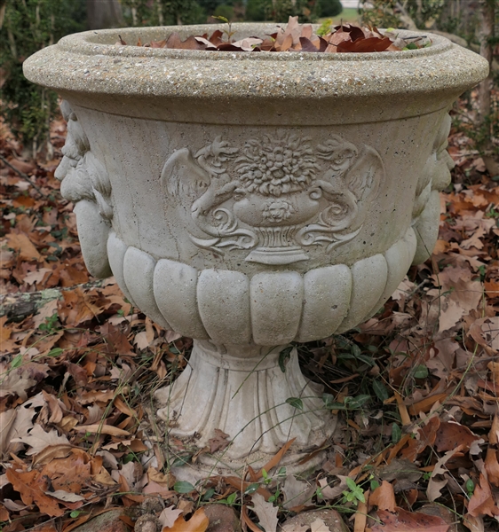 Beautiful Concrete Garden Urn with Lions Heads - Urn Measures 26" Tall 22" Across