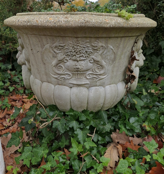 Beautiful Concrete Garden Urn with Lions Heads - Urn Measures 26" Tall 22" Across