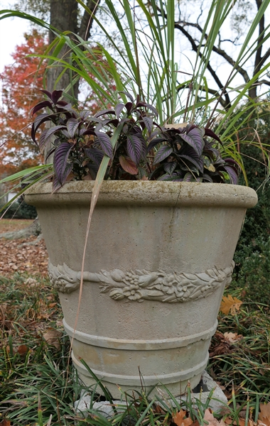 Large Concrete Planter with Fruit and Flower Wreath Details - Planter Measures 22" Tall 25" across