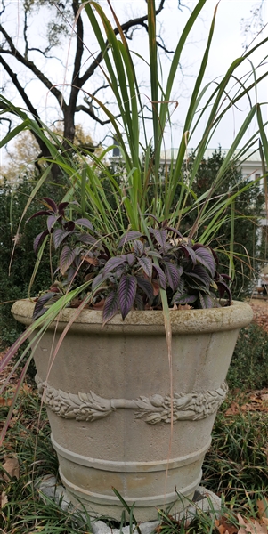 Large Concrete Planter with Fruit and Flower Wreath Details - Planter Measures 22" Tall 25" across