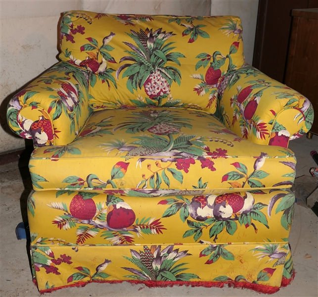 Pretty Yellow Upholstered Club Chair - Pomegranate Motif - Chair Measures 30" tall 36" Across