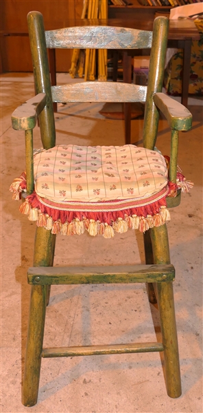 Green Painted Youth / High Chair - Ladder Back with Plank Bottom- Hand Painted with Fish on Back - Pretty Custom Cushion - Chair Measures 36" tall 22" to Seat 