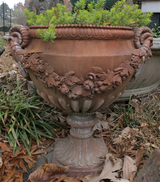 Nice Terracotta Resin Urn Planter with Rams Heads on Sides - Planter Measures - 19" Tall 18" Across