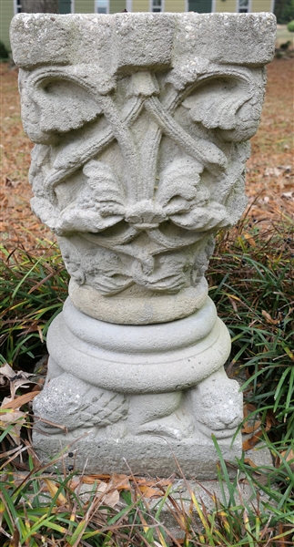 Fine Concrete Garden Pedestal - Dolphin Feet - Sundial Top - Pedestal Measures 27" tall 12" by 12" 