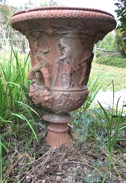 Terracotta Resin Garden Urn with Classical Roman Figures - One Handle Is Broken - Urn Measures 20" tall 15" across