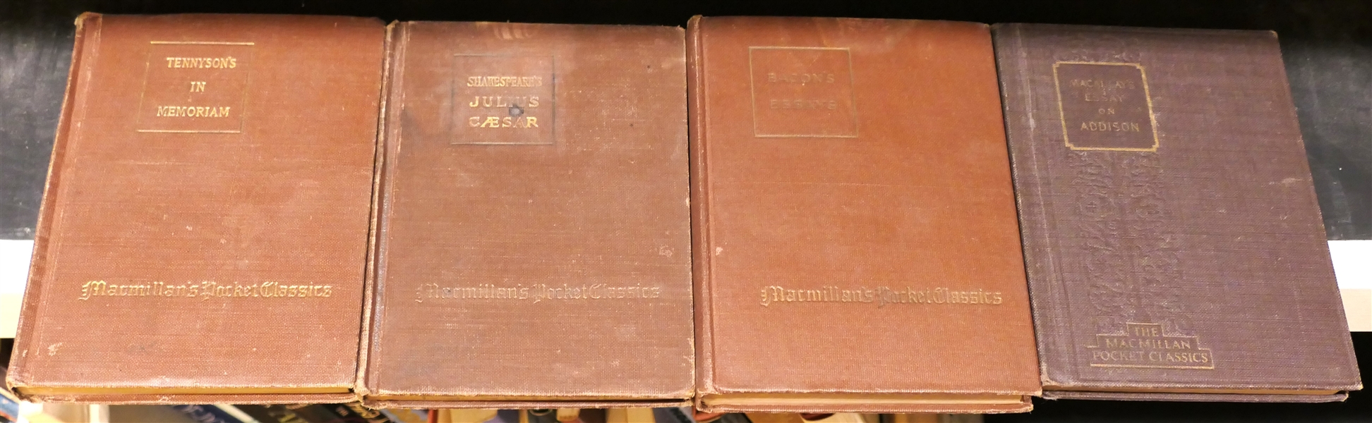 4 - 1920s Macmillans Pocket Classics - "Macaulays Essay on Edison" Bacons Essays" "Shakespeares Julius Caesar" and "Tennysons In Memoriam" 