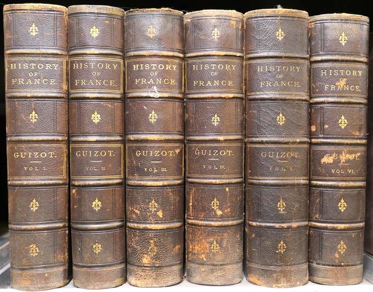 "A Popular History of France" by Francois Pierre Guillaume Guizot - 6 Volumes - Leather Bound with Gold Lettering - Marbleized End Pages - From the Library of Colin M. Hawkins