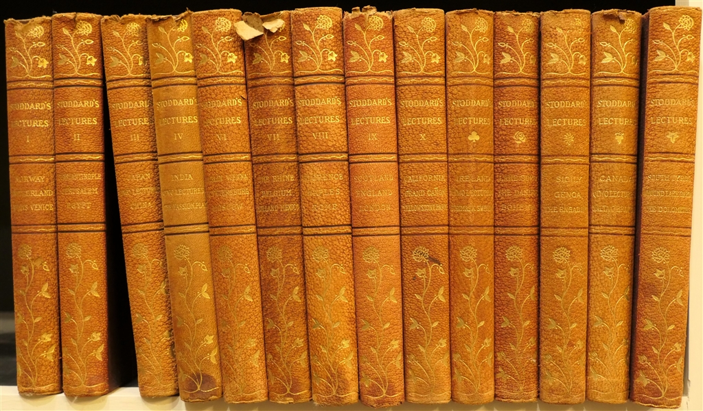 "John L. Stoddards Lectures" 14 Volumes - 1912 Edition - Beautiful Leather Bound Books with Marbleized Covers and Floral End Pages