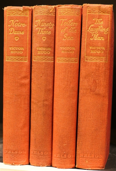 T. Nelson & Sons - 4 Pocket Books by Victor Hugo - "Notre Dame" "Ninety Three" "Toiler of the Sea" and "The Laughing Man" - 4 Hard Cover Books with Red Covers and Gold Lettering 