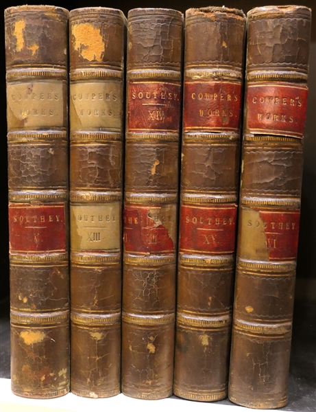 "The Works of William Cowper, Esq. Comprising His Poems, Correspondence, and Translations" Edited by Robert Southey - 1837 - Volumes XII, VI,V, XV, and XII - Leather Bound Books with Marbleized Covers