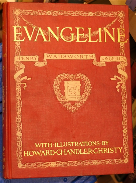 "Evangeline" by Henry Wadsworth Longfellow - With Illustrations by Howard Chandler Christy - Hardcover Book with Beautiful Gold Lettering and White Flowers 