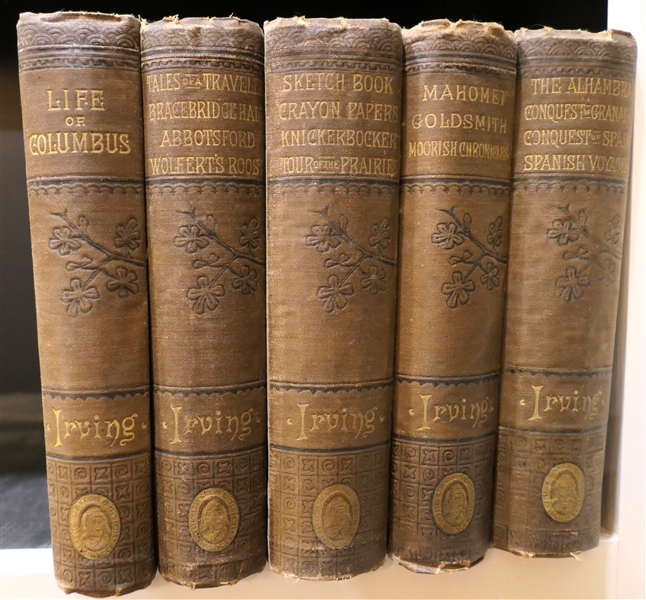 5 Volumes of The Caxton Edition of Irving - "The Alhambra Conquest of Granada, Conquest of Spain, Spanish Voyages" "Sketch Book, Crayon Papers, Knickerbocker, Tour of the Prairies" "Mahomet...