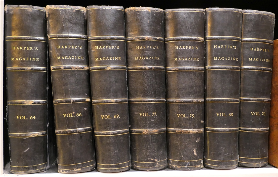 7 - "Harpers New Monthly Magazine" Leather Bound Books From the 1800s - Pretty Black Leather Bound Books with Gold Lettering - 7 Volumes