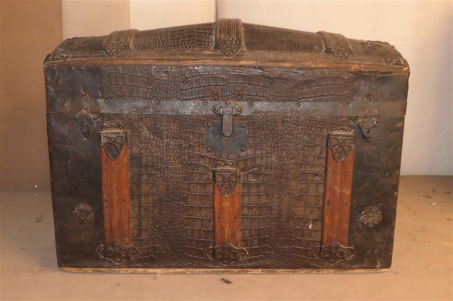 Antique Round Top Trunk with Alligator Top - Fancy Metal Flower Details - Oak Bands on Sides - Trunk Measures 18" tall 20 1/2" by 16" - Missing Handles and Hinge Needs Repair