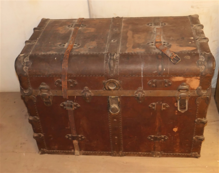 Antique Leather Steamer Trunk with Leather Straps - Metal Hardware - Metal Hinges - Trunk Measures 25" tall 36" by 21" - Handles Need To Be Replaced