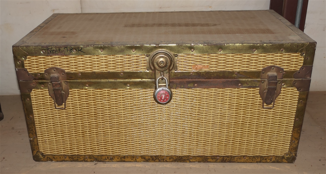 Cedar Lined Foot Locker Trunk with Vintage Clothes, Fur Hat, WWII Ike Jacket, WWII Hat, Fur Collar, White Dress - Trunk Measures 16" tall 34" by 19" 
