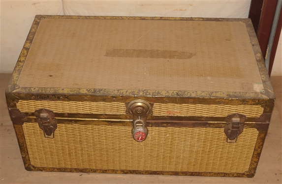 Cedar Lined Foot Locker Trunk with Vintage Clothes, Fur Hat, WWII Ike Jacket, WWII Hat, Fur Collar, White Dress - Trunk Measures 16 tall 34 by 19 