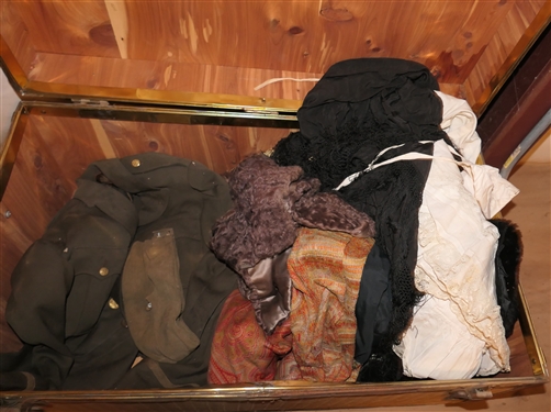 Cedar Lined Foot Locker Trunk with Vintage Clothes, Fur Hat, WWII Ike Jacket, WWII Hat, Fur Collar, White Dress - Trunk Measures 16 tall 34 by 19 