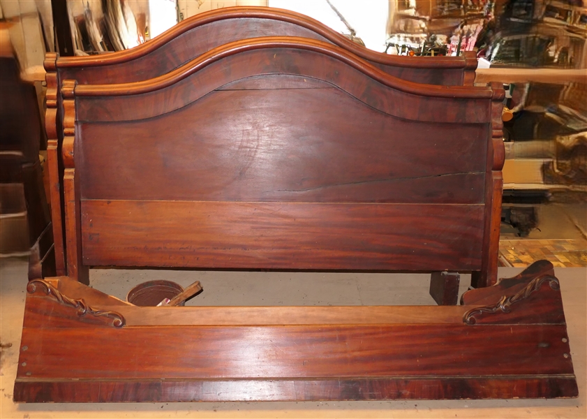 Pretty Full Size Mahogany Bed with Scrolled Ends  -Arched Head Board and Foot Board - Wood Rails -Split Area in Head and Foot Boards 1 Rail is Missing Trim Piece Which is With Bed - Needs to Be...