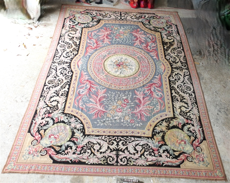 Large British Needlepoint Tapestry Rug - Floral Center with Blue, Pink, Black, and Gold - Original Label -Rug Was Made in 3 Pieces - Measures 111" by 173" - Some Slight Color Bleeding - See Photos