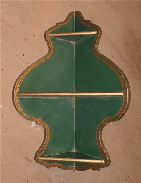 Nice Green Painted Hanging Corner Shelf with Gold Trim - Curvy Lines - Shelf is 23" by 14"