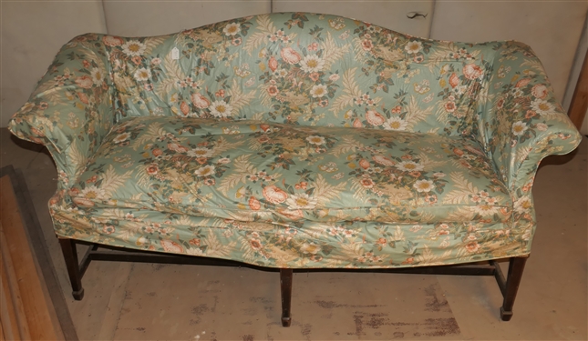 Mahogany Framed Settee with Blue Floral Slip Cover - Stretcher Base Arched Back - Sofa Measures 67 Long - Needs Cleaning