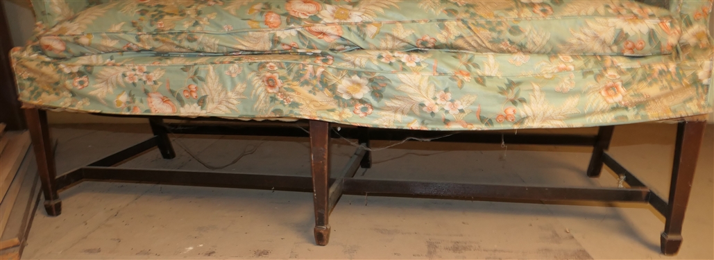Mahogany Framed Settee with Blue Floral Slip Cover - Stretcher Base Arched Back - Sofa Measures 67 Long - Needs Cleaning