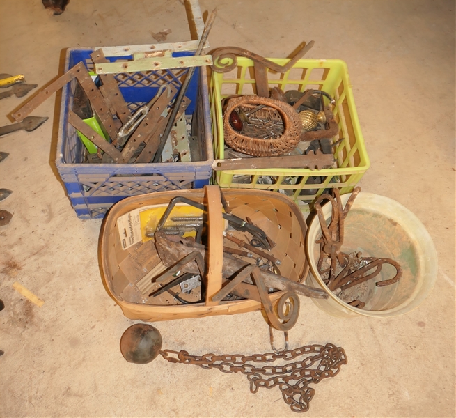 Lot of Blacksmith Shop Made Hinges, Hooks, Gate Weight Ball, Door Knobs, "L" Hinges, Door Pulls, Etc.. 