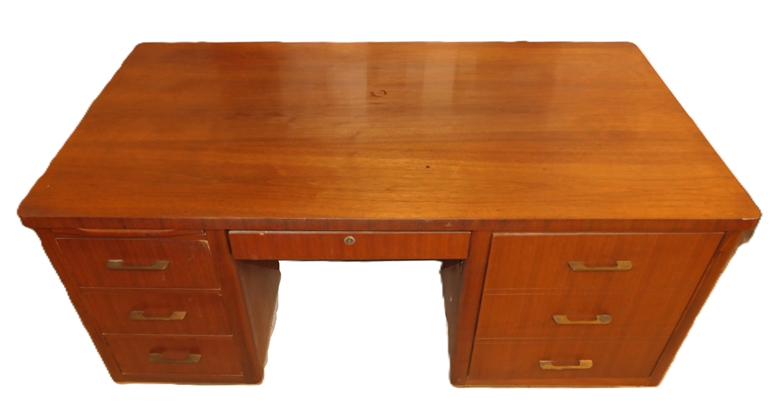 Nice Mid Century Modern Desk - Mahogany Finish - Brass Tipped Legs - Right Side Cabinet with Side Out Tray Left Drawers with Pull Out Tray - Center Divided Drawer with Buttons Under - Desk Measures...