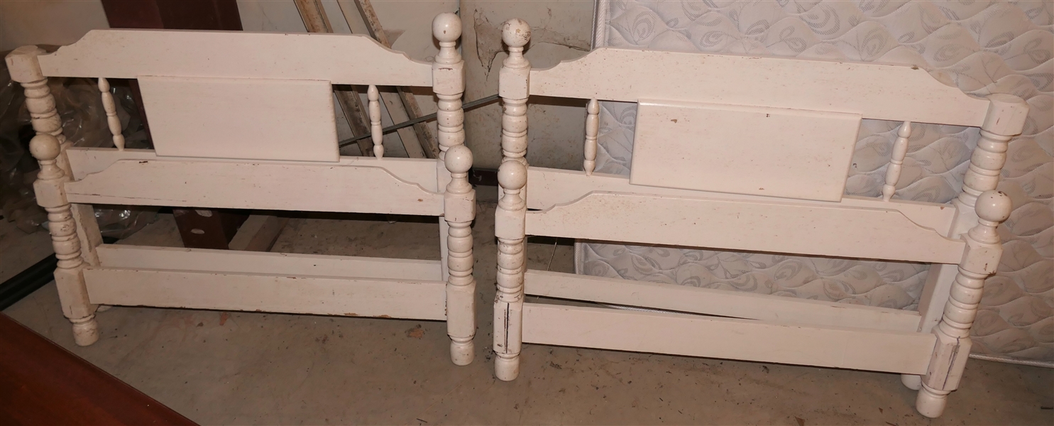 Pair of White Wood Twin Size Beds with Iron Rails - Finials Have Been Removed on One Side of Each 