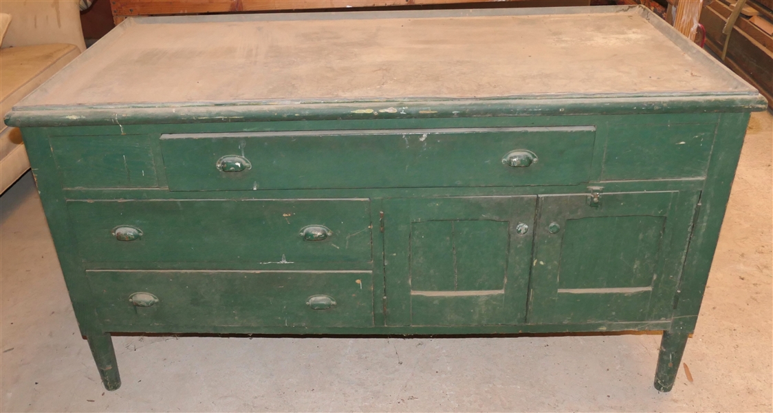 Very Cool Green Cabinet with Lead Top - Paneled Dors - Long Center Drawer Over 2 Drawers and Cabinet - Table Measures 32" Tall 62" by 21" 