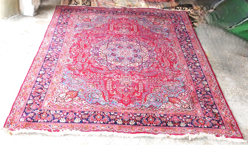 Beautiful Red and Blue Wool Rug - Hand Knotted - Made in Iran - Original Label - Rug Measures 127" by 97" - Some Wear in Center